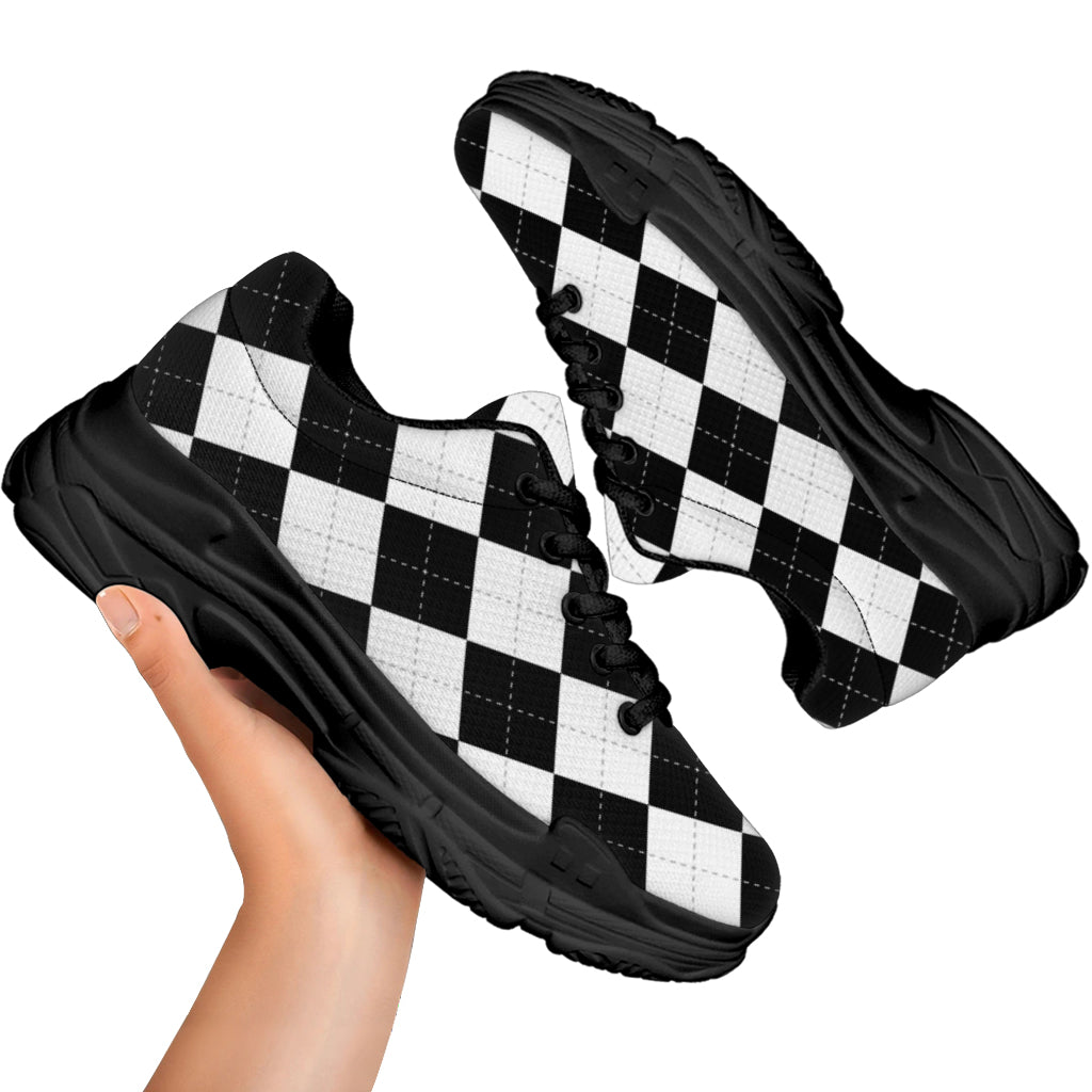 White And Black Argyle Pattern Print Black Chunky Shoes