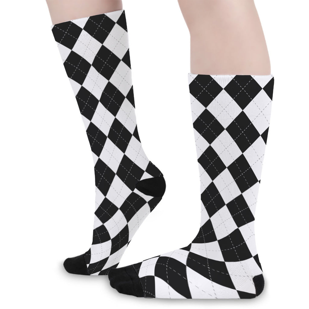 White And Black Argyle Pattern Print Long Socks