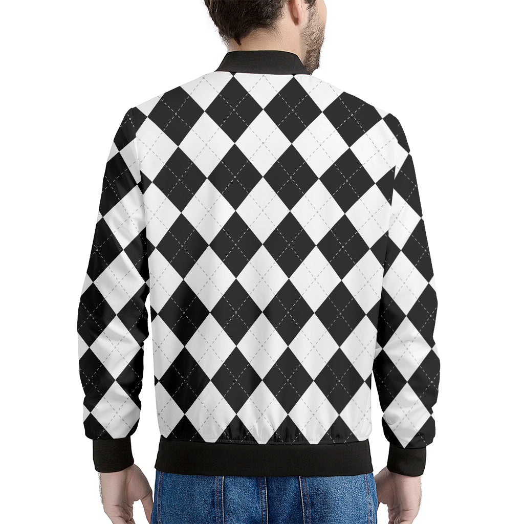 White And Black Argyle Pattern Print Men's Bomber Jacket