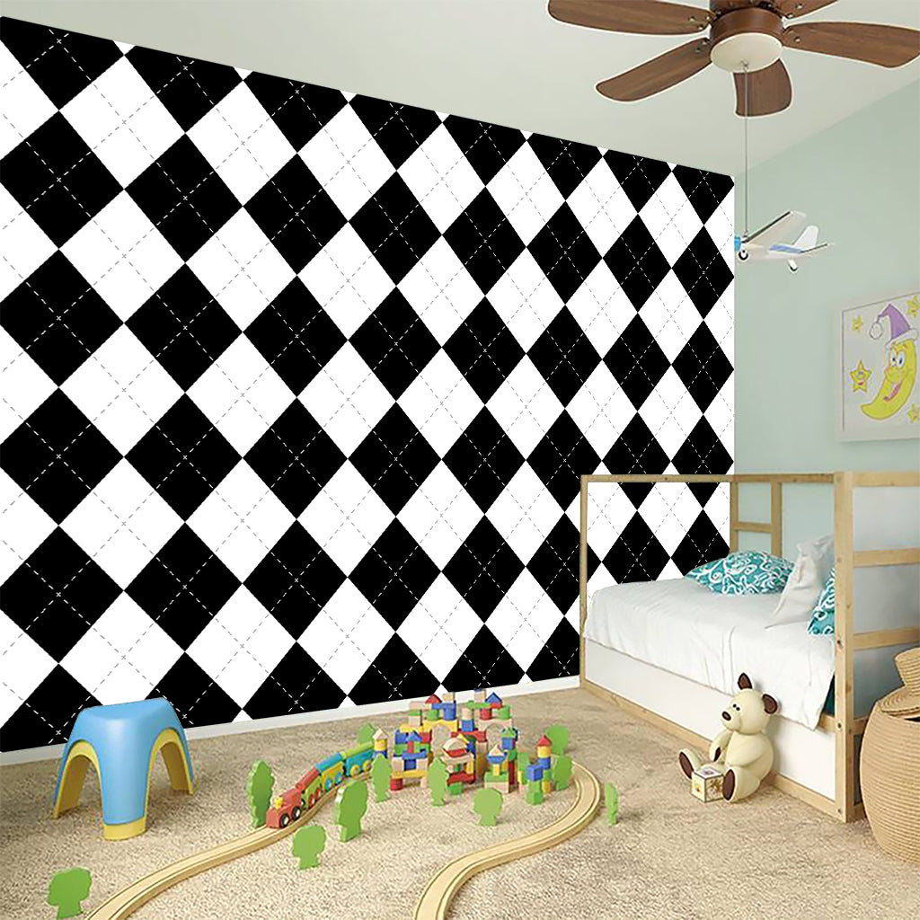 White And Black Argyle Pattern Print Wall Sticker