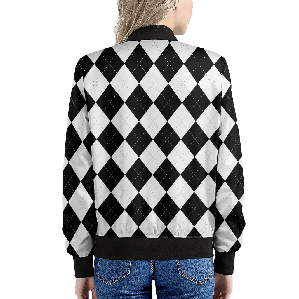 White And Black Argyle Pattern Print Women's Bomber Jacket