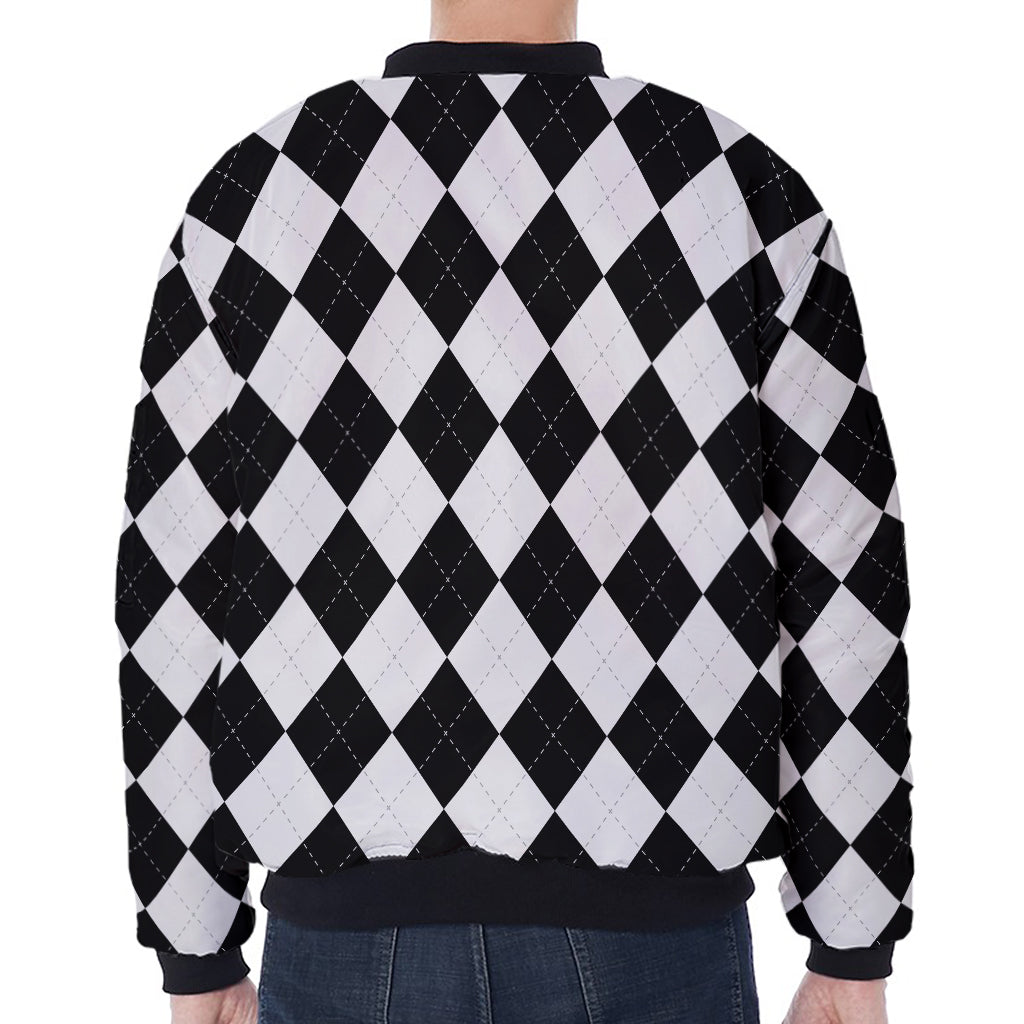 White And Black Argyle Pattern Print Zip Sleeve Bomber Jacket