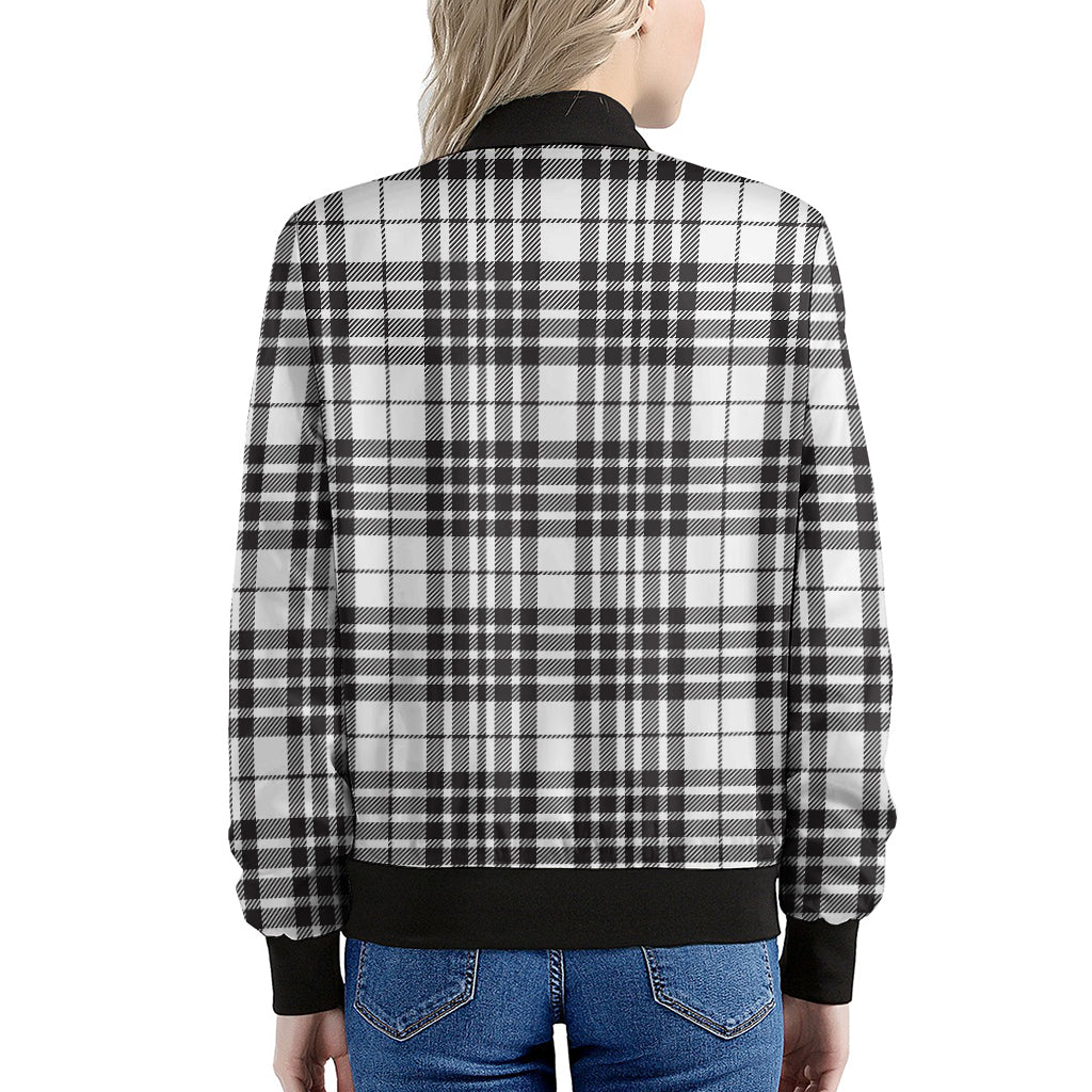 White And Black Border Tartan Print Women's Bomber Jacket