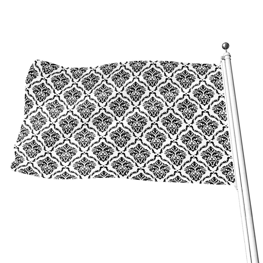 White And Black Damask Pattern Print Flag