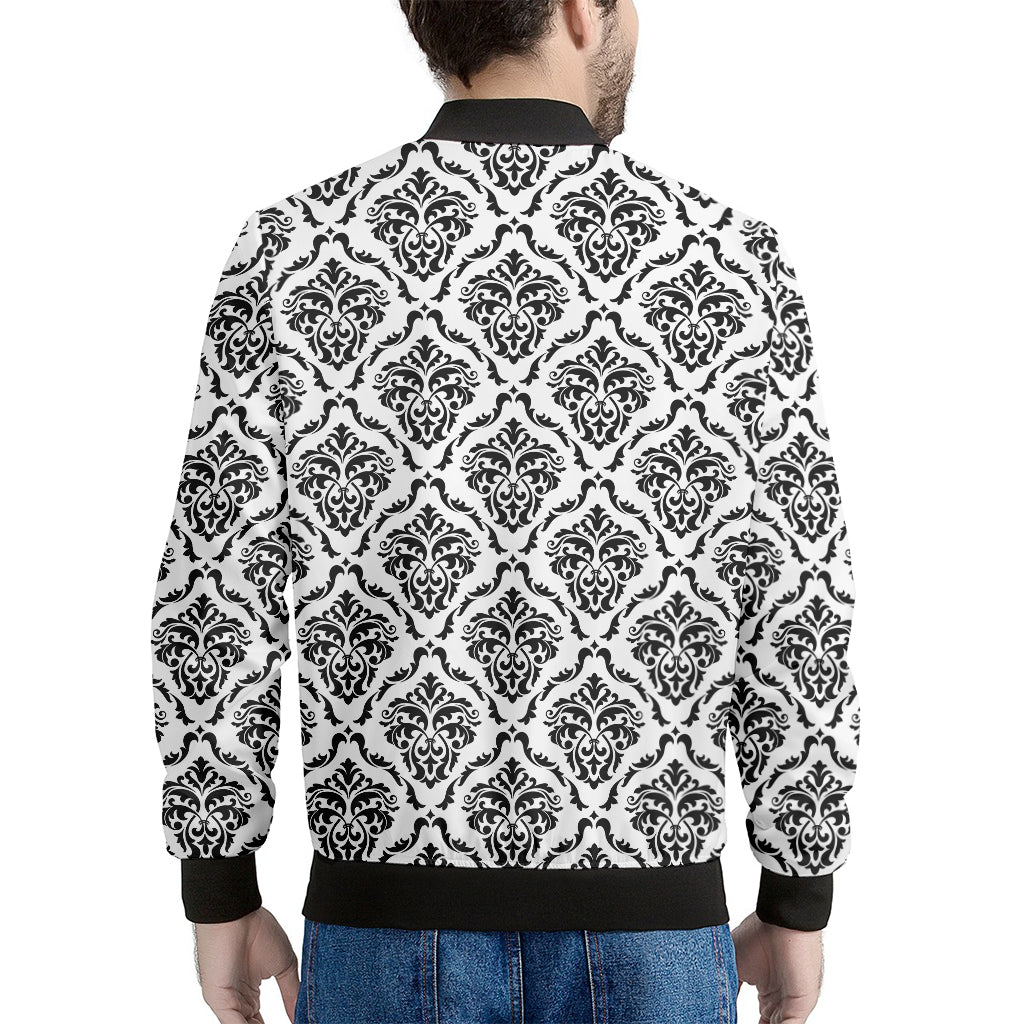 White And Black Damask Pattern Print Men's Bomber Jacket