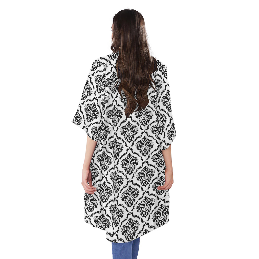 White And Black Damask Pattern Print Open Front Beach Cover Up