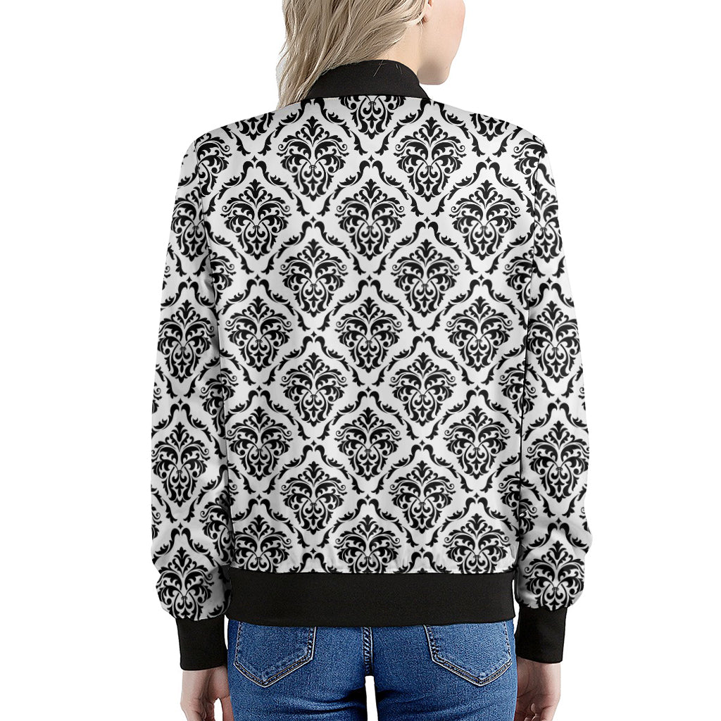 White And Black Damask Pattern Print Women's Bomber Jacket