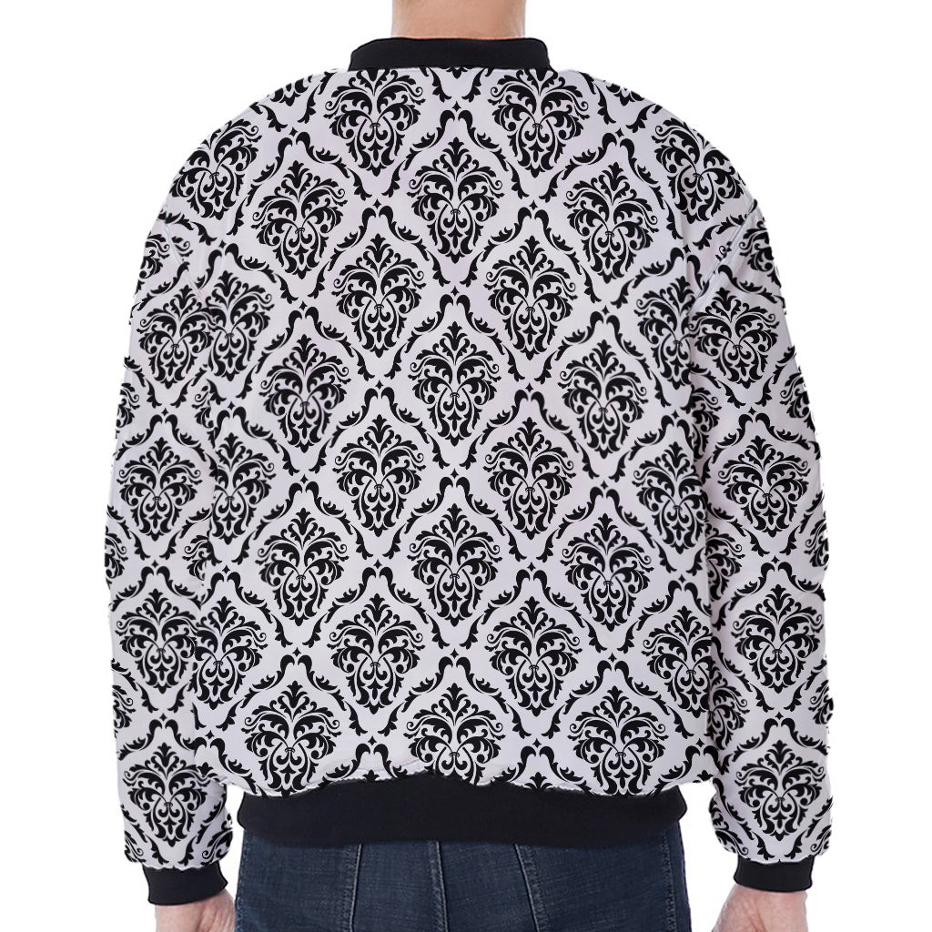 White And Black Damask Pattern Print Zip Sleeve Bomber Jacket