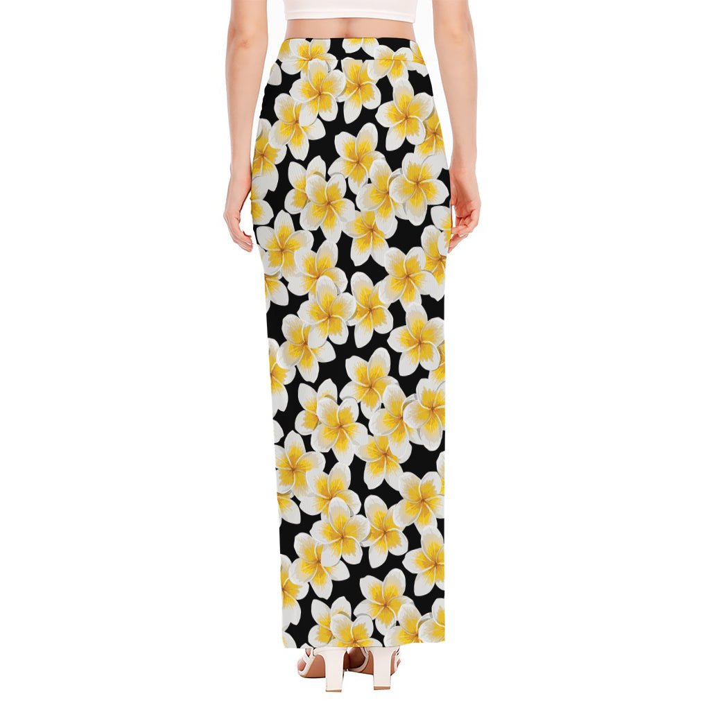 White And Black Frangipani Pattern Print High Slit Maxi Skirt