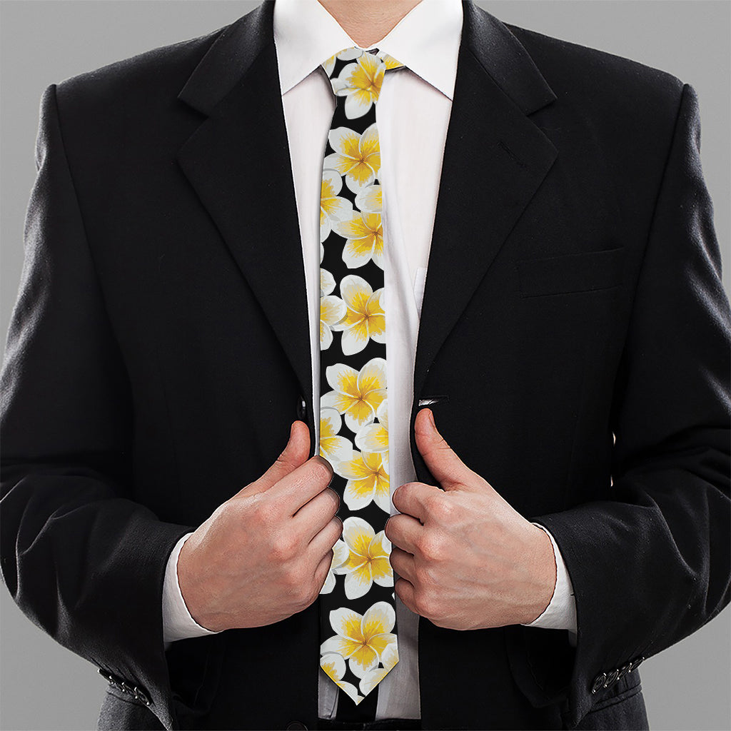 White And Black Frangipani Pattern Print Necktie