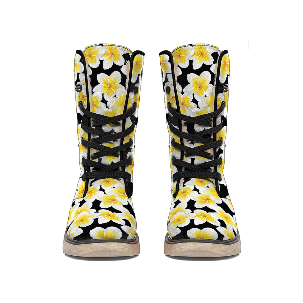 White And Black Frangipani Pattern Print Winter Boots