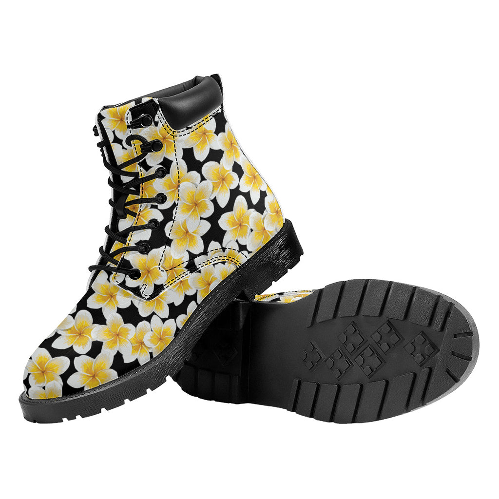 White And Black Frangipani Pattern Print Work Boots