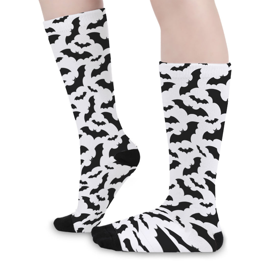 White And Black Halloween Bat Print Long Socks