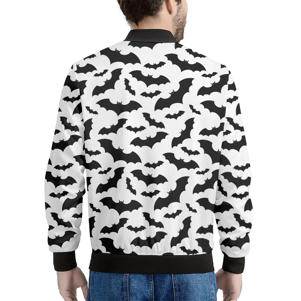 White And Black Halloween Bat Print Men's Bomber Jacket