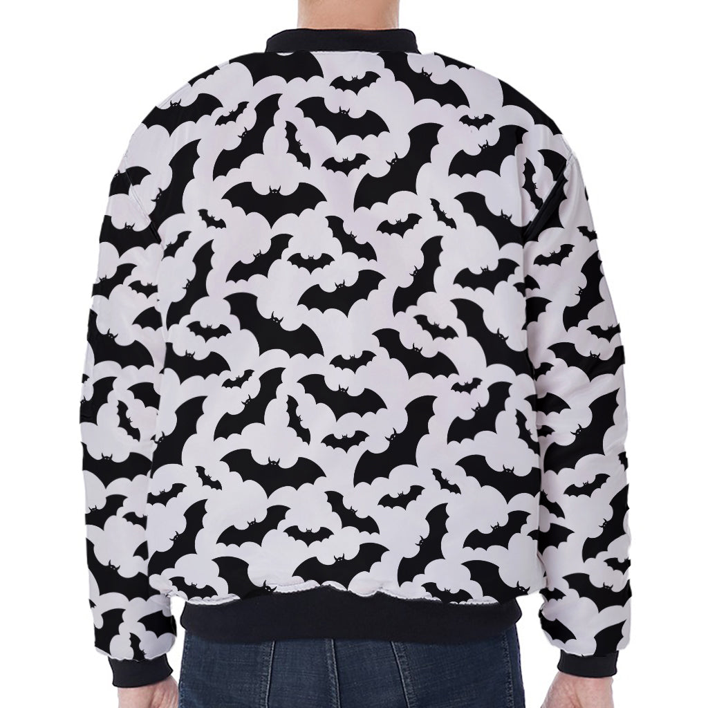 White And Black Halloween Bat Print Zip Sleeve Bomber Jacket