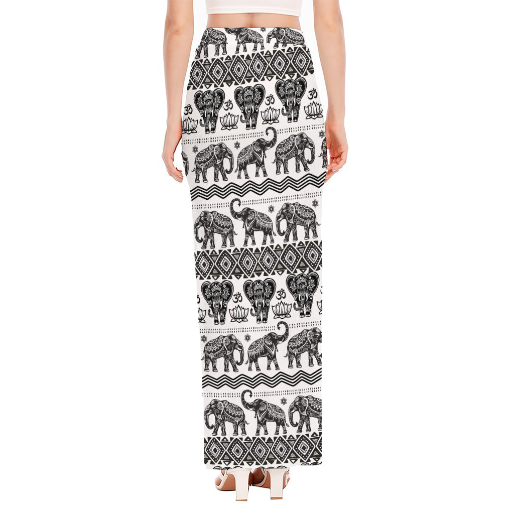 White And Black Indian Elephant Print High Slit Maxi Skirt