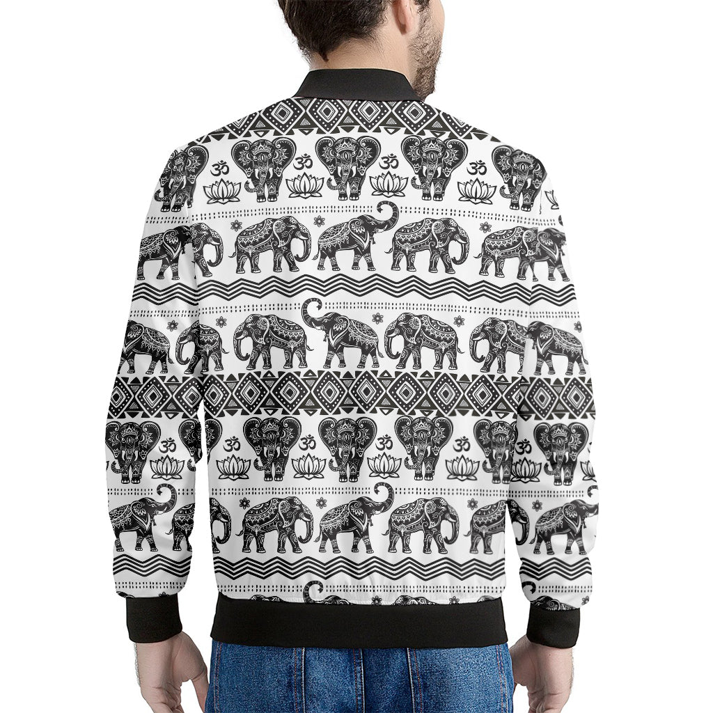 White And Black Indian Elephant Print Men's Bomber Jacket