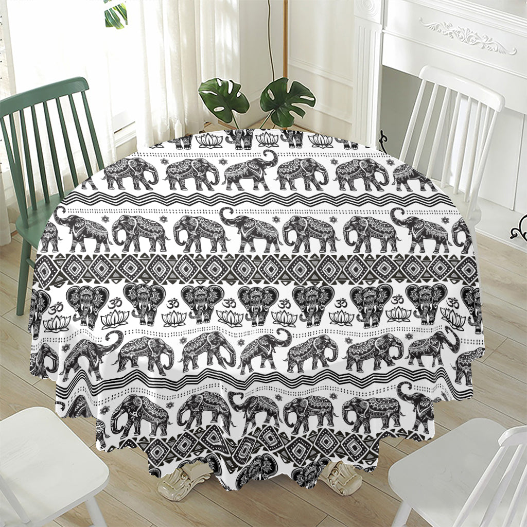 White And Black Indian Elephant Print Waterproof Round Tablecloth