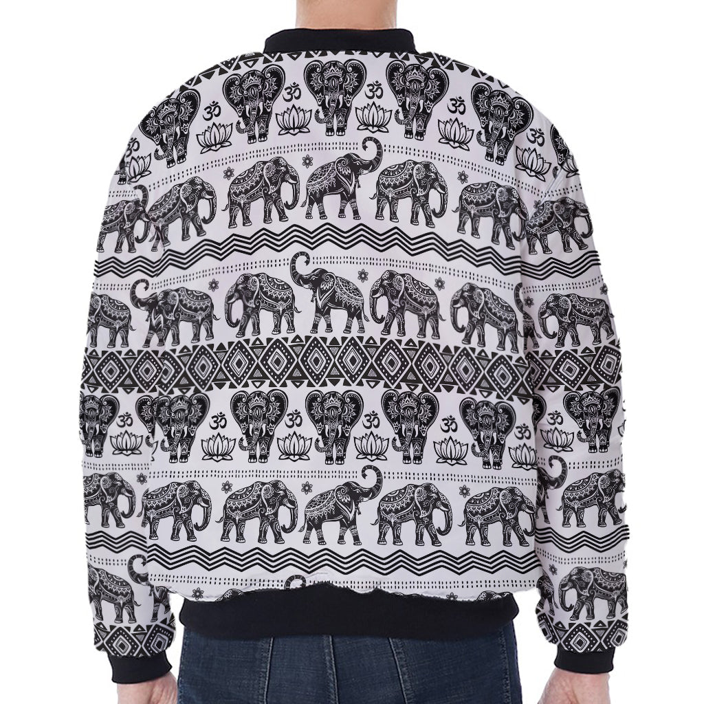 White And Black Indian Elephant Print Zip Sleeve Bomber Jacket