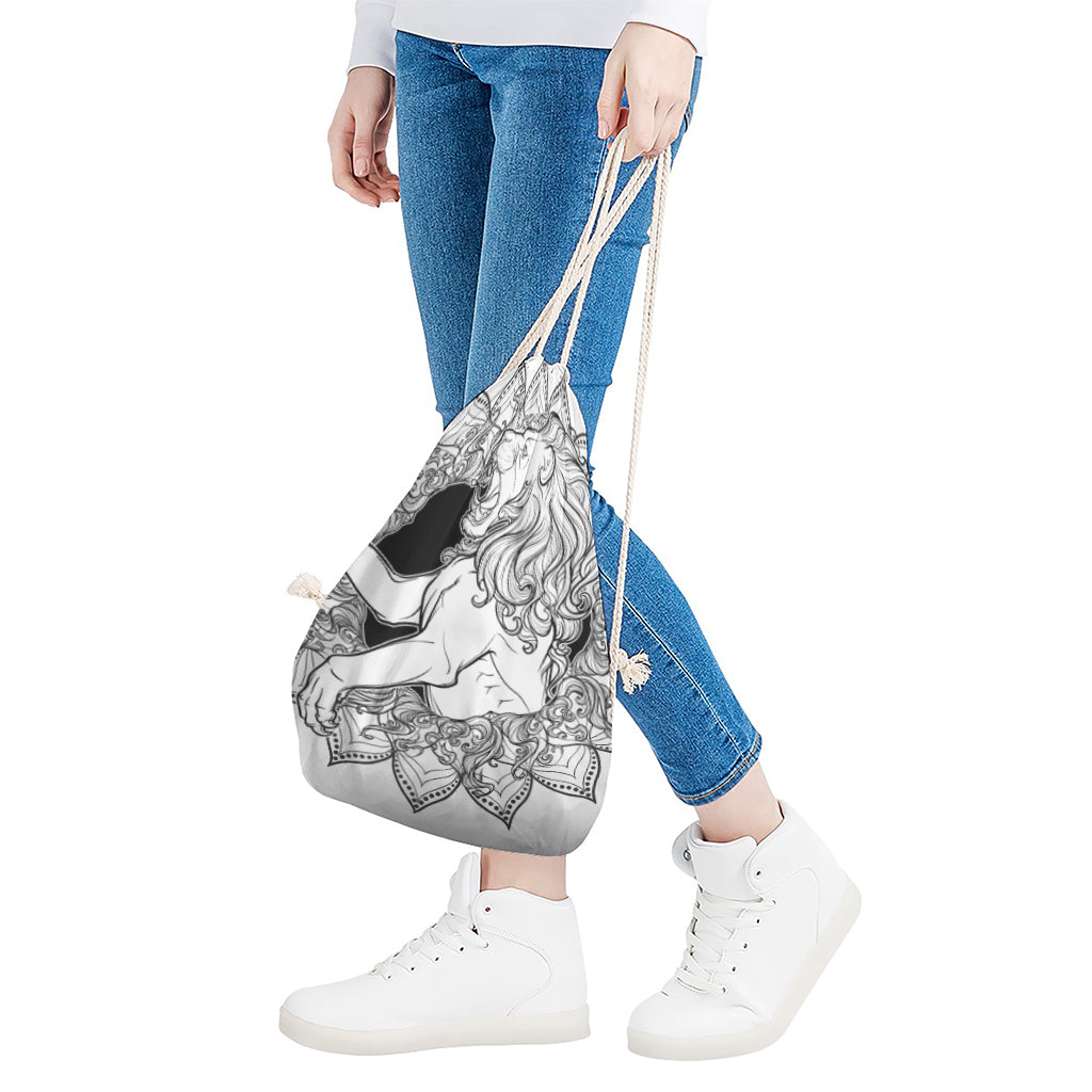 White And Black Leo Sign Print Drawstring Bag