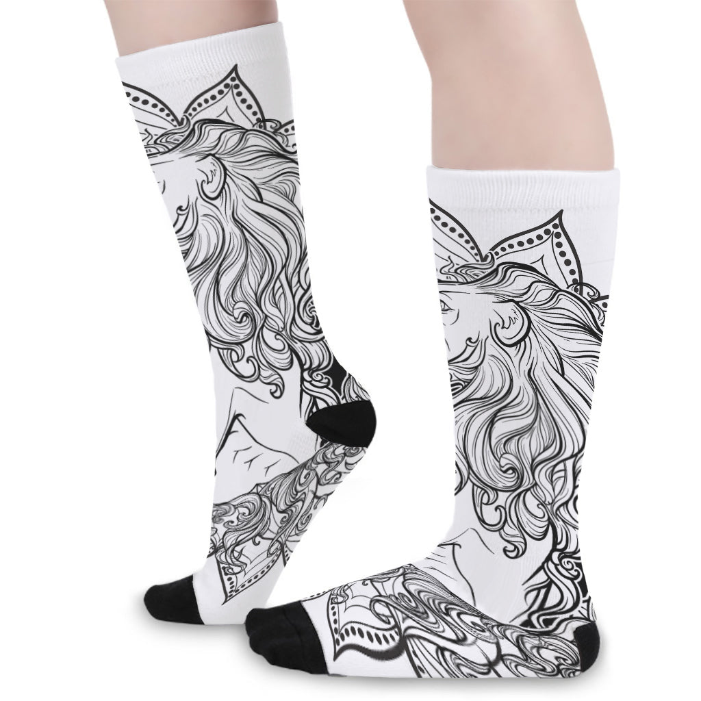 White And Black Leo Sign Print Long Socks