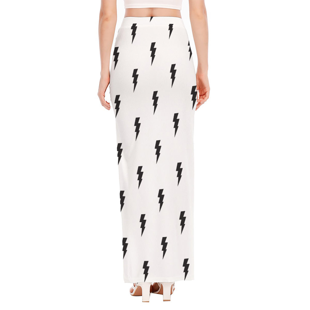 White And Black Lightning Pattern Print High Slit Maxi Skirt