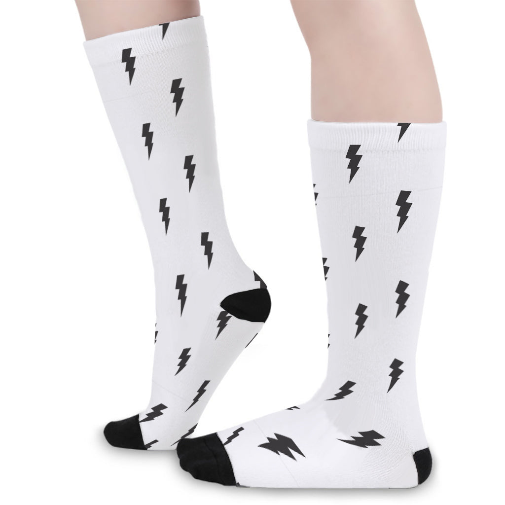 White And Black Lightning Pattern Print Long Socks