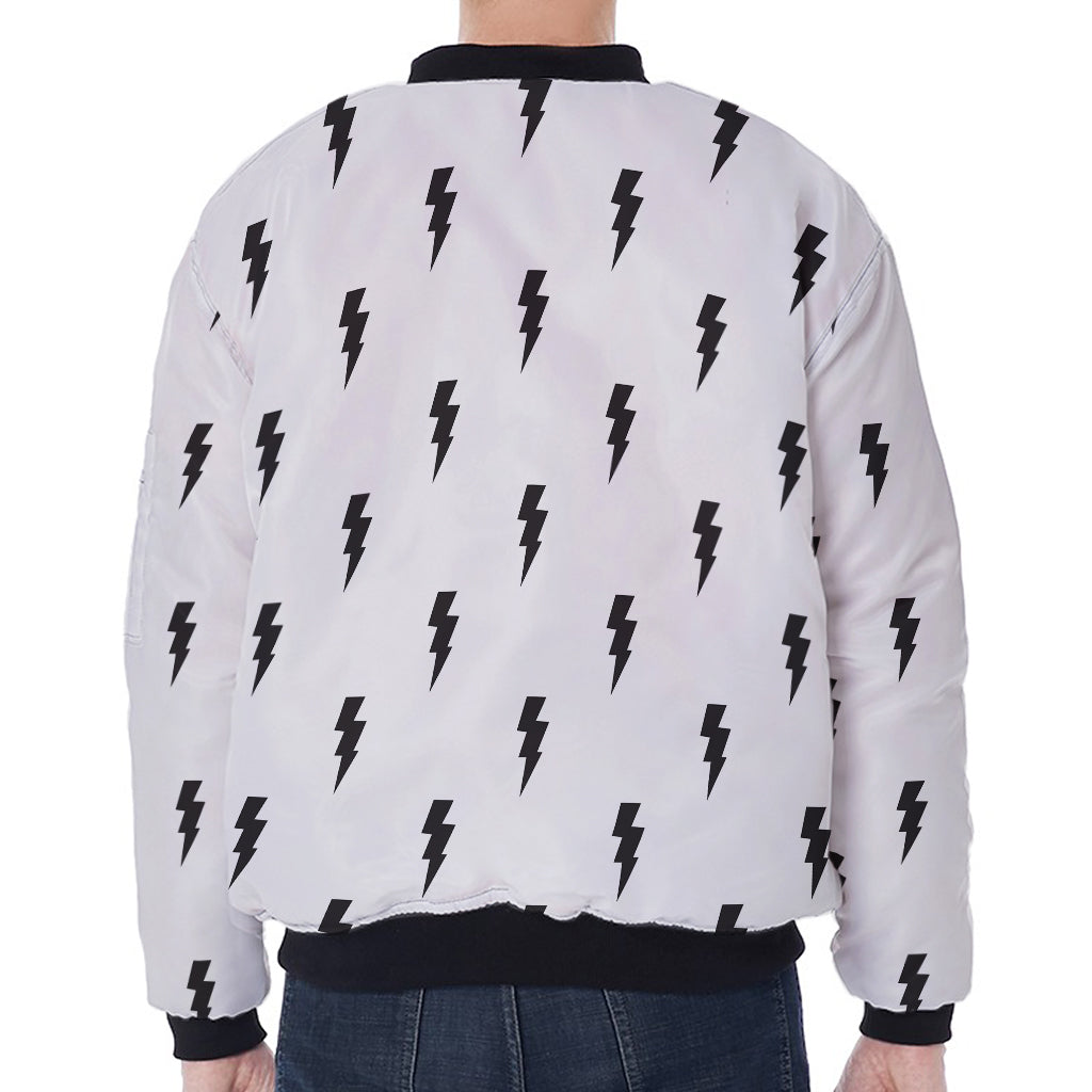 White And Black Lightning Pattern Print Zip Sleeve Bomber Jacket