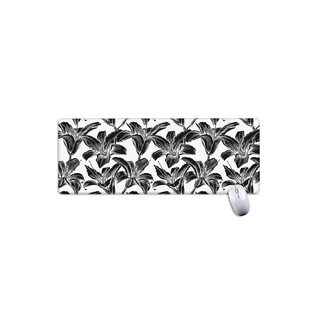 White And Black Lily Pattern Print Extended Mouse Pad