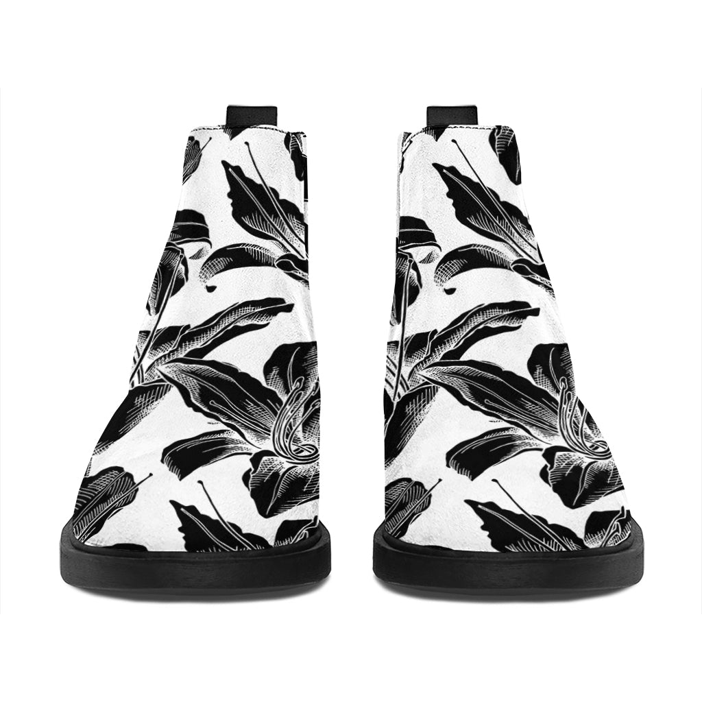 White And Black Lily Pattern Print Flat Ankle Boots
