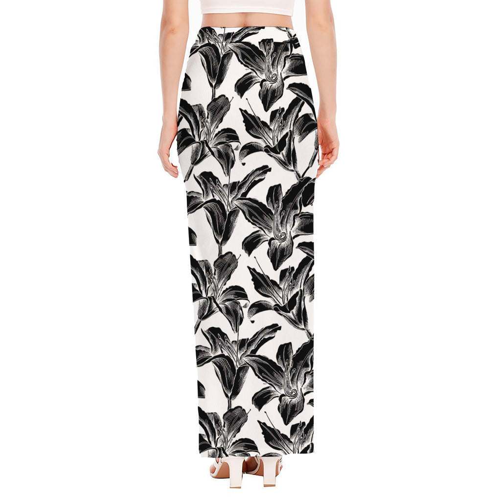 White And Black Lily Pattern Print High Slit Maxi Skirt