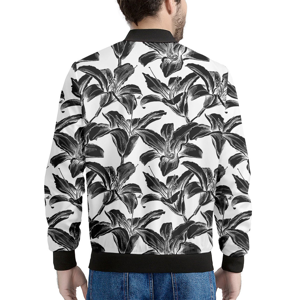 White And Black Lily Pattern Print Men's Bomber Jacket