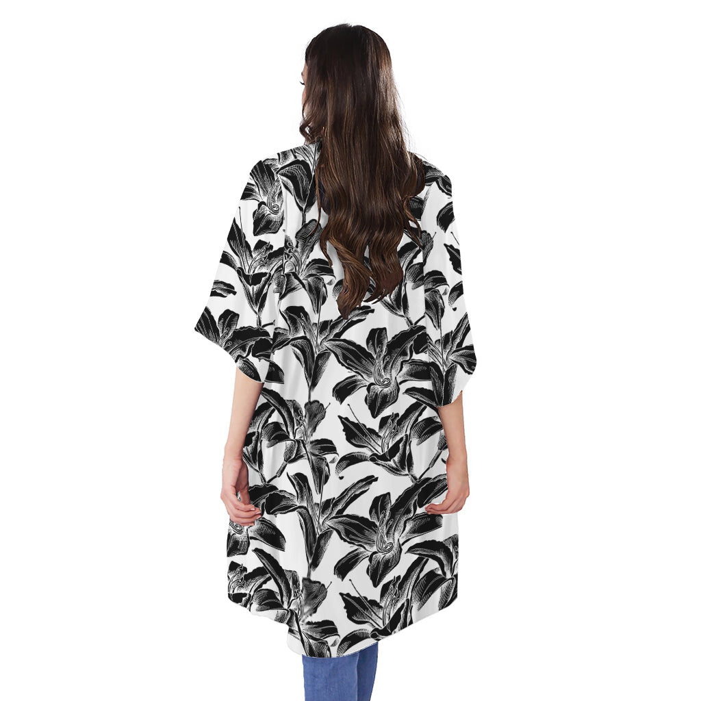 White And Black Lily Pattern Print Open Front Beach Cover Up