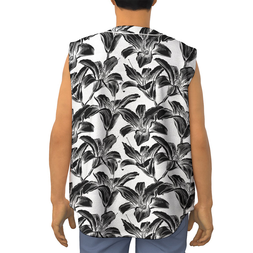 White And Black Lily Pattern Print Sleeveless Baseball Jersey