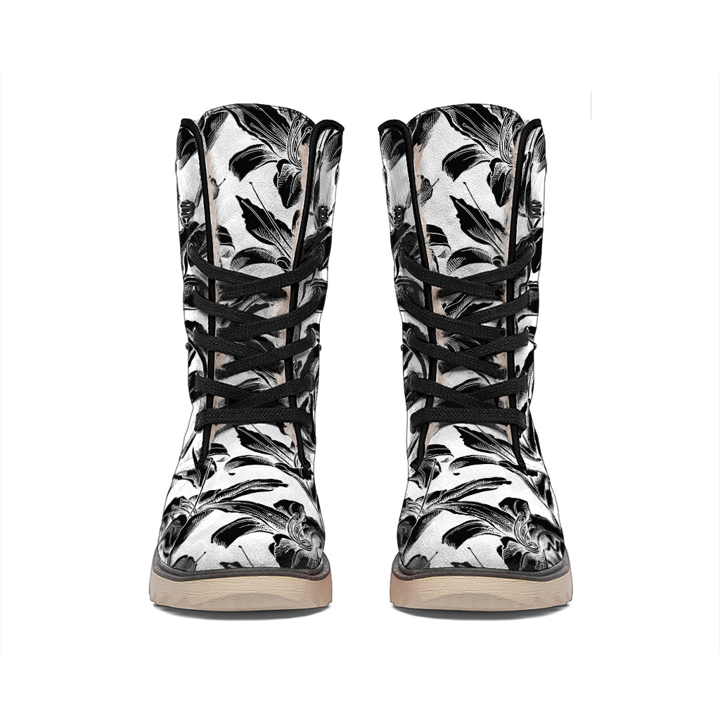 White And Black Lily Pattern Print Winter Boots