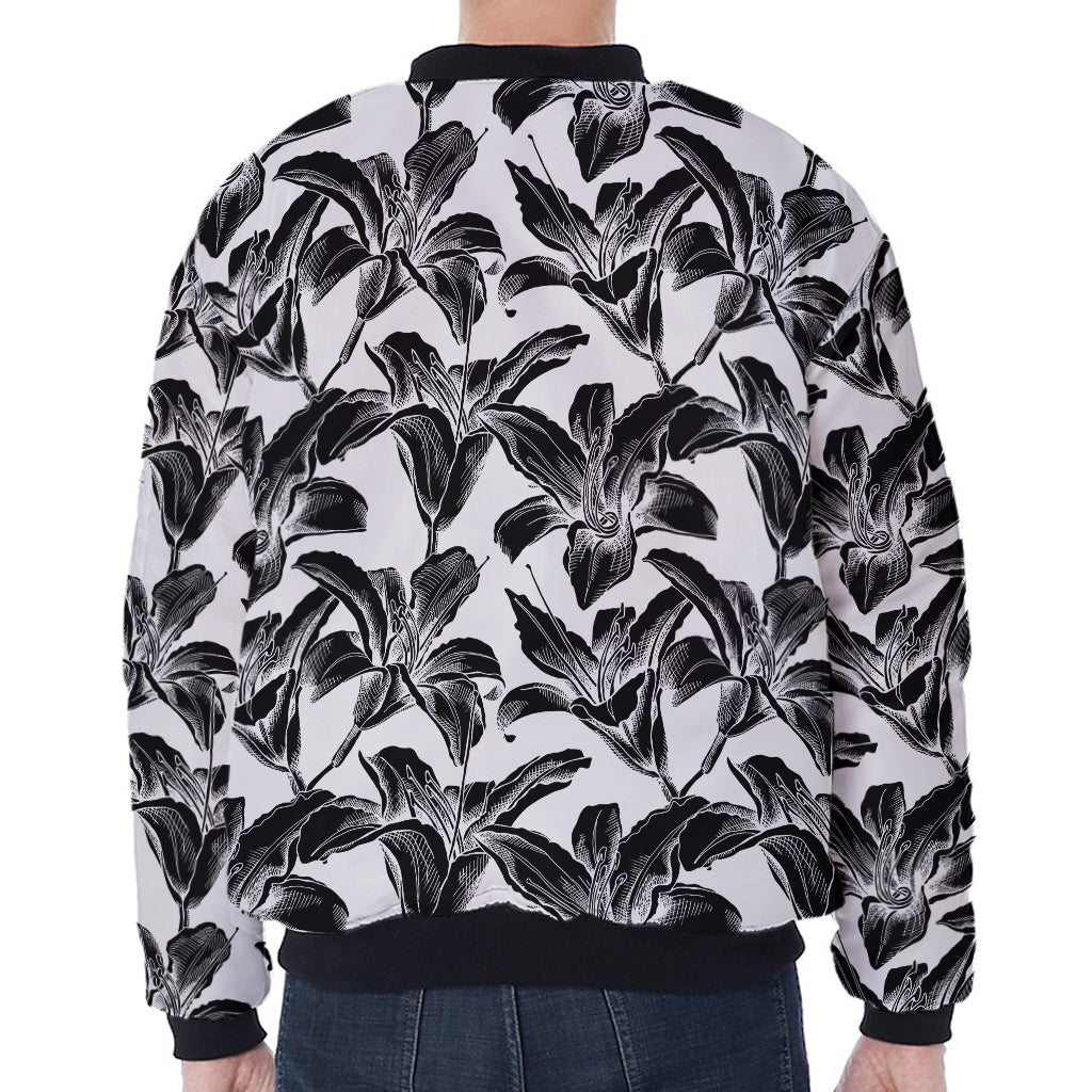White And Black Lily Pattern Print Zip Sleeve Bomber Jacket
