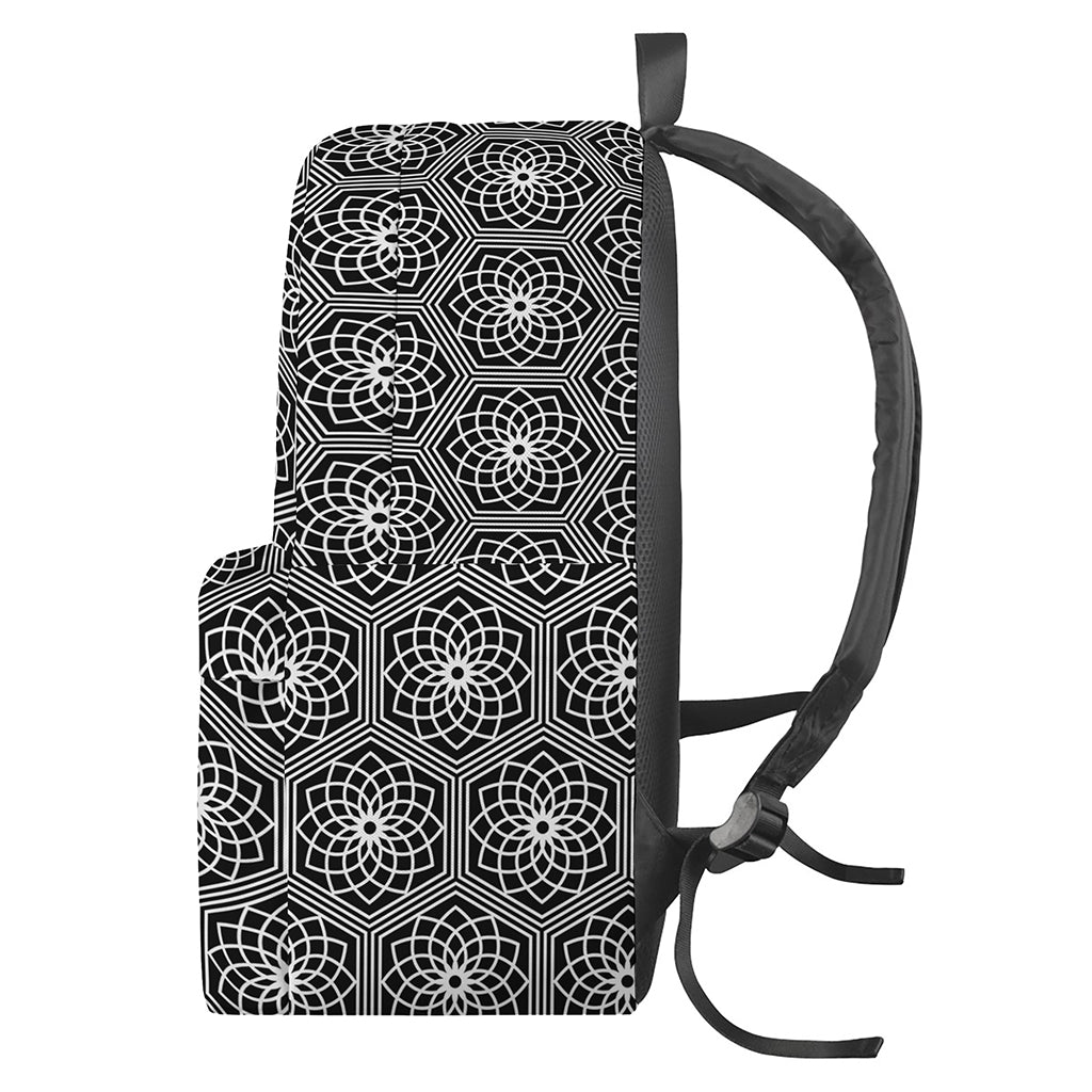 White And Black Lotus Pattern Print Backpack