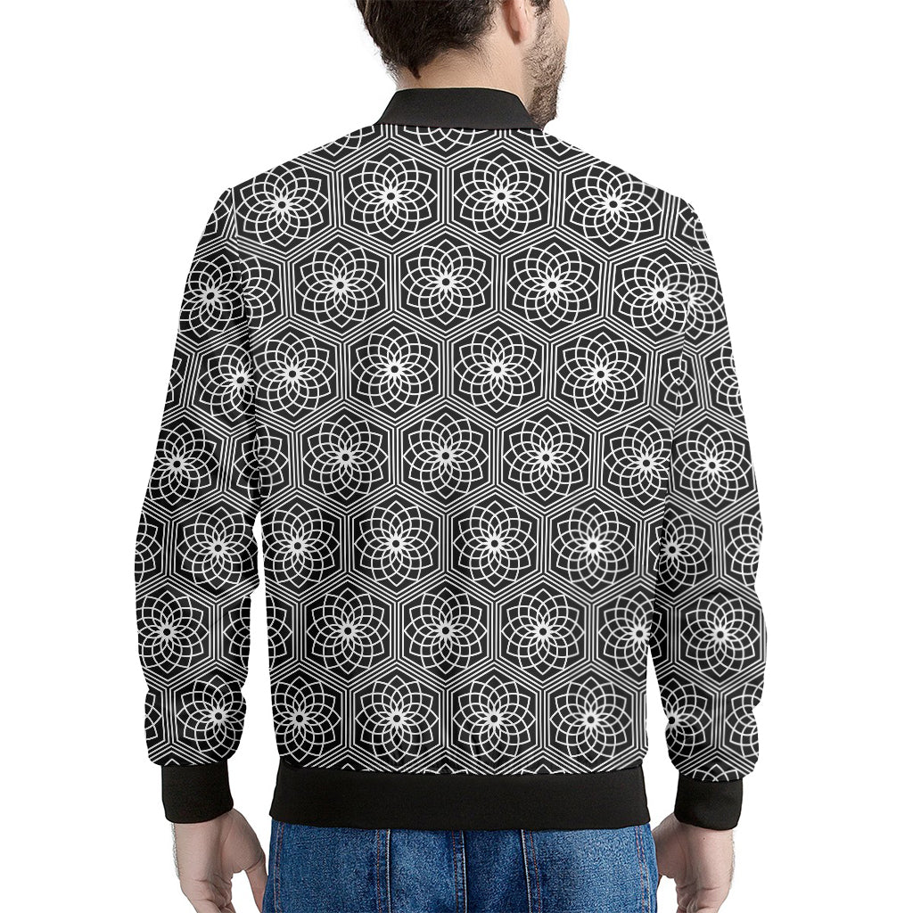 White And Black Lotus Pattern Print Men's Bomber Jacket
