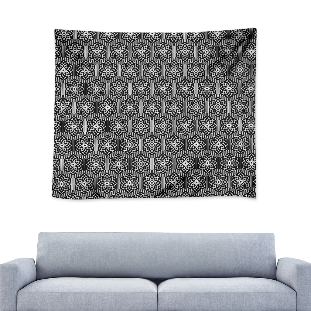 White And Black Lotus Pattern Print Tapestry