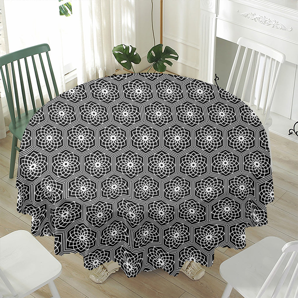 White And Black Lotus Pattern Print Waterproof Round Tablecloth