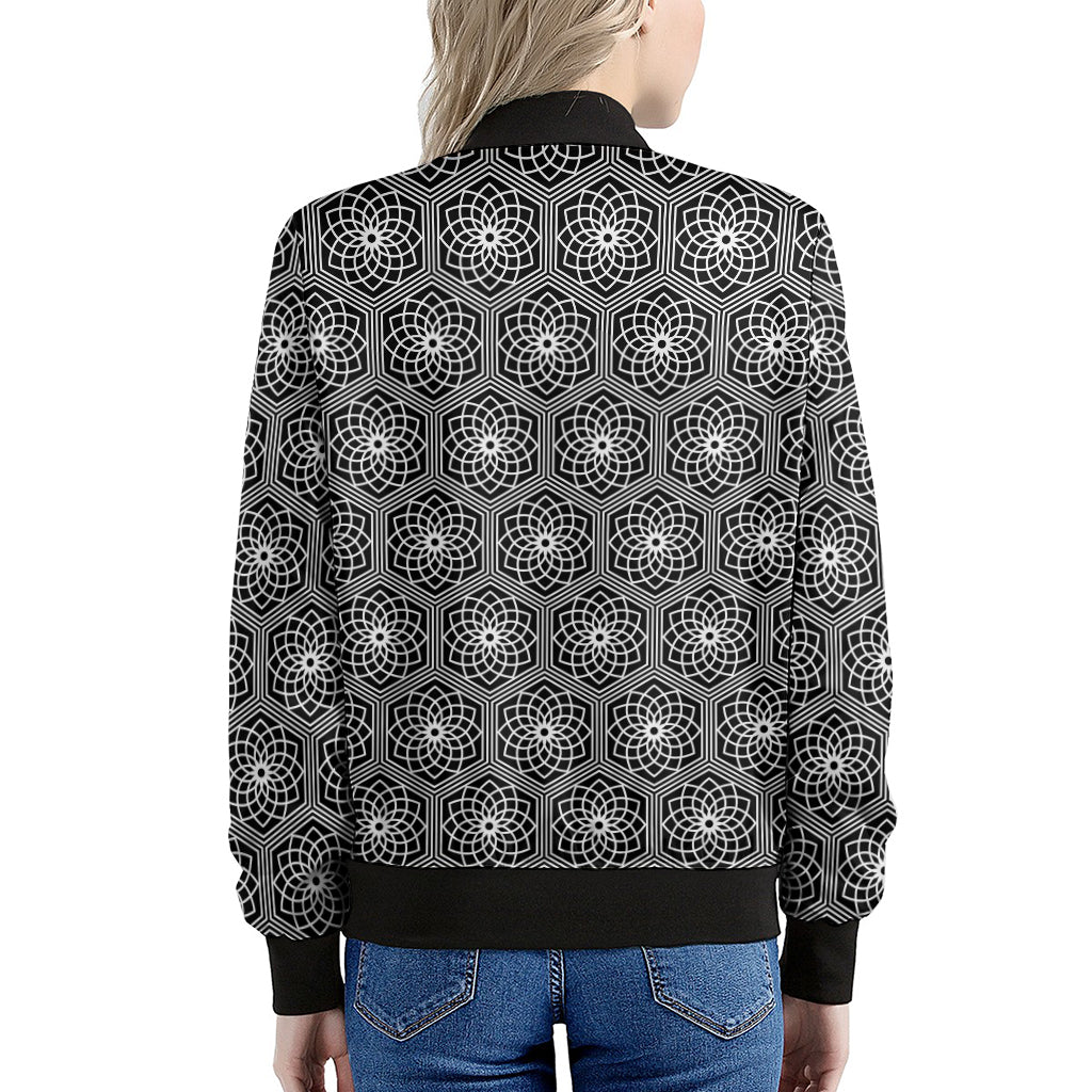 White And Black Lotus Pattern Print Women's Bomber Jacket