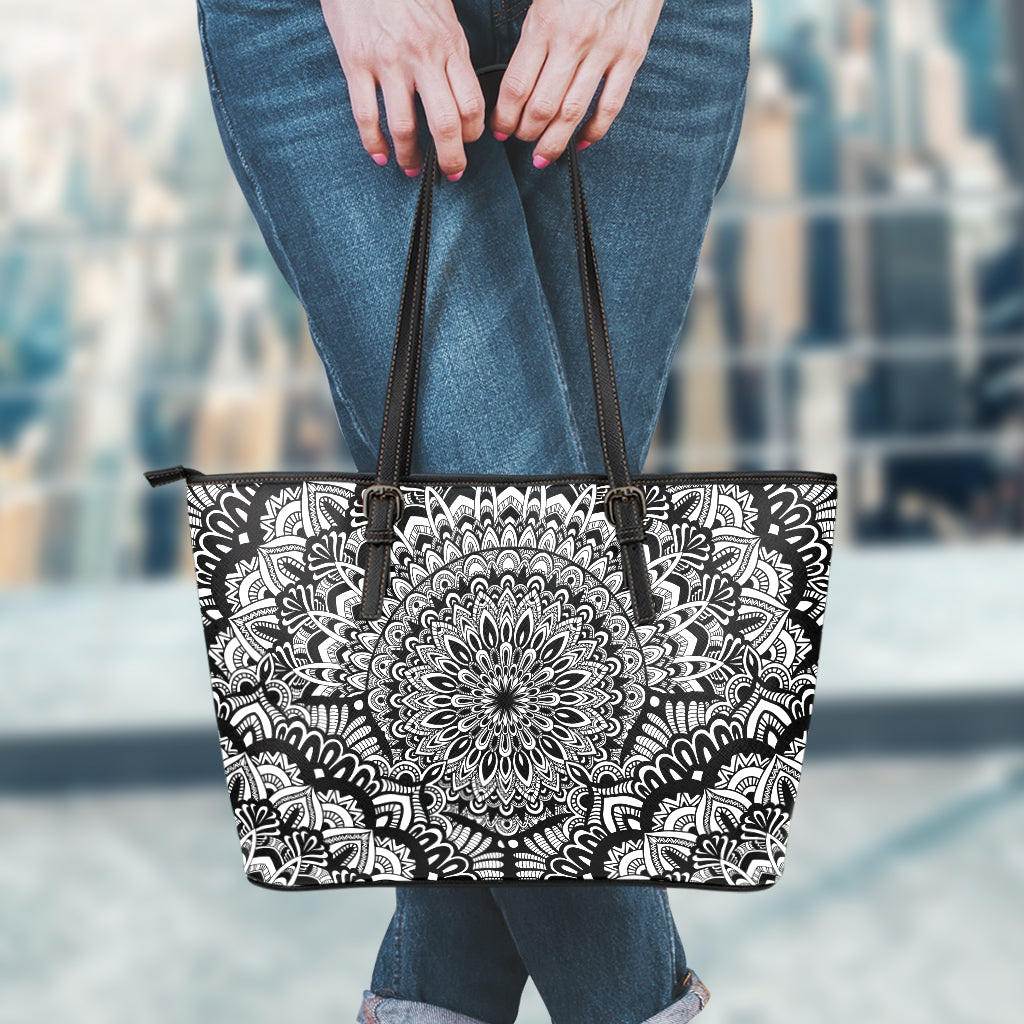 White And Black Mandala Print Leather Tote Bag