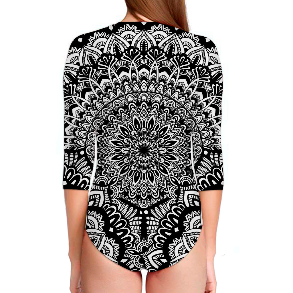 White And Black Mandala Print Long Sleeve Swimsuit