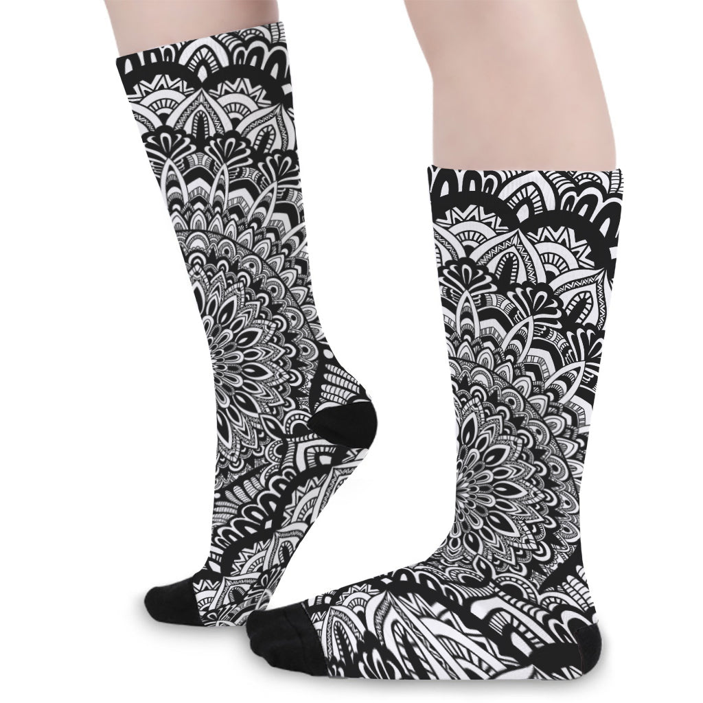 White And Black Mandala Print Long Socks