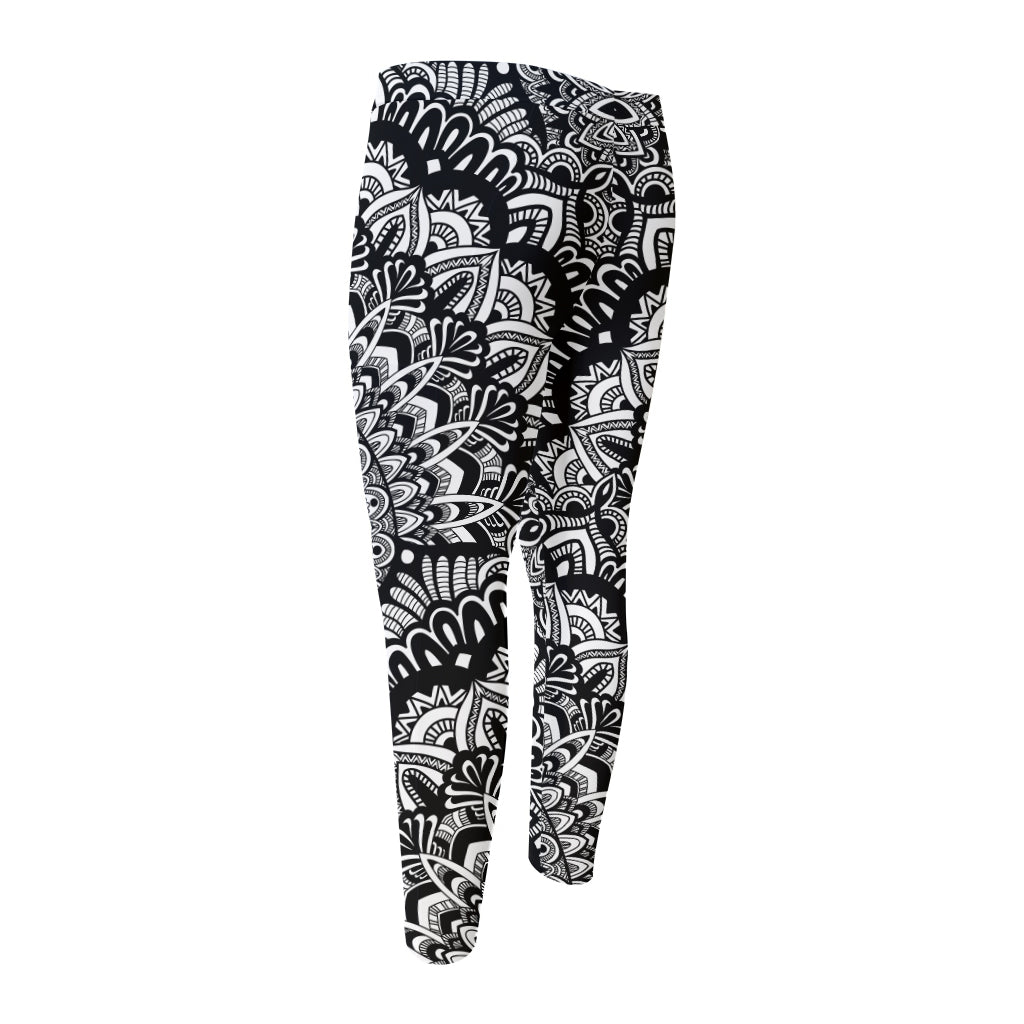 White And Black Mandala Print Men's Compression Pants