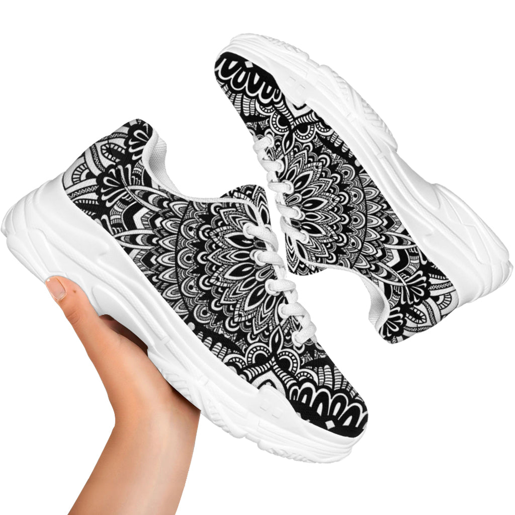 White And Black Mandala Print White Chunky Shoes