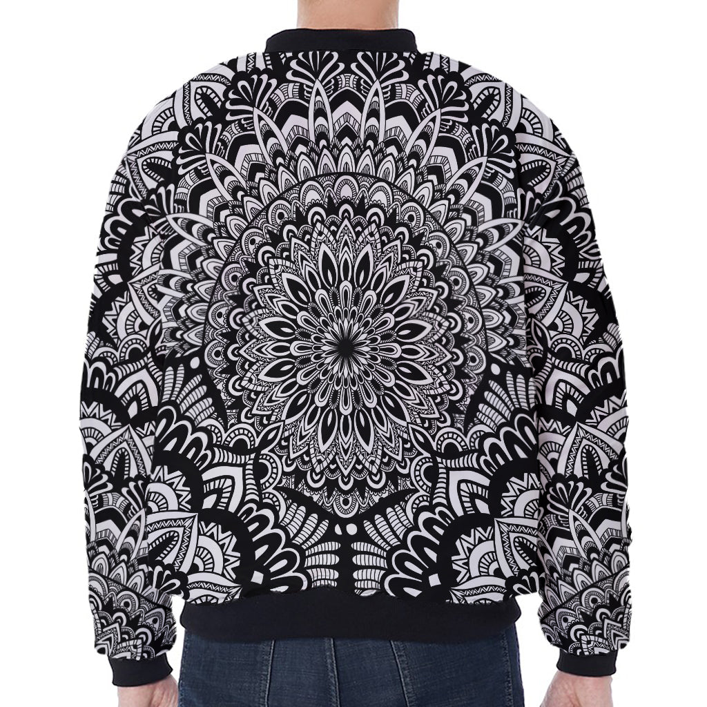 White And Black Mandala Print Zip Sleeve Bomber Jacket