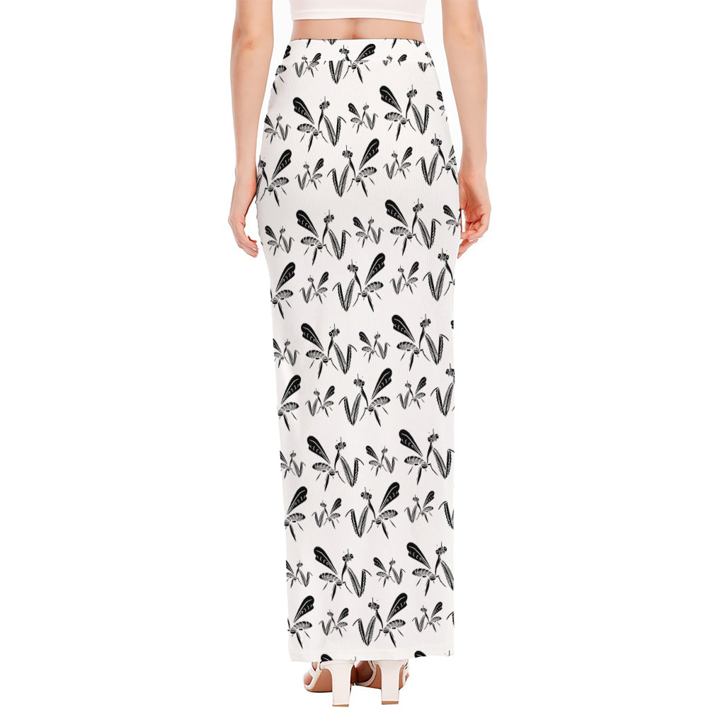 White And Black Mantis Pattern Print High Slit Maxi Skirt