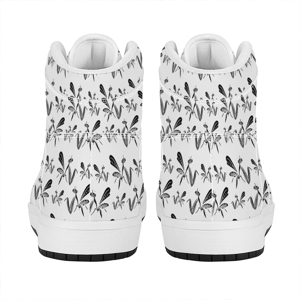 White And Black Mantis Pattern Print High Top Leather Sneakers