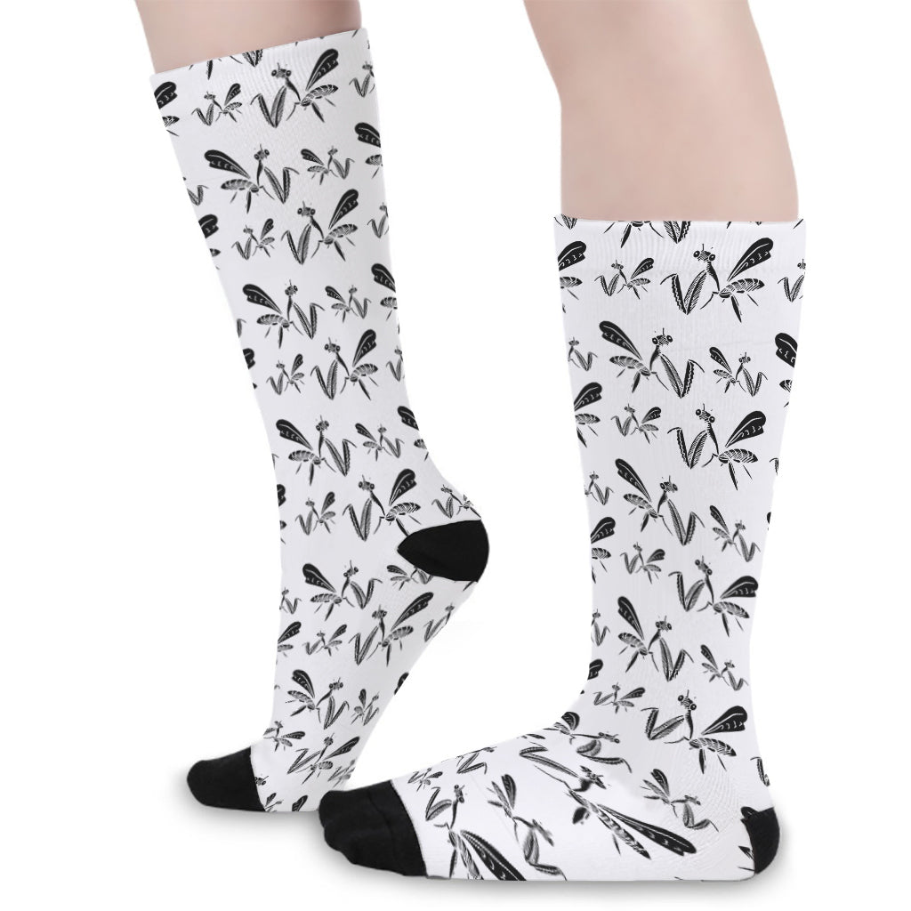 White And Black Mantis Pattern Print Long Socks